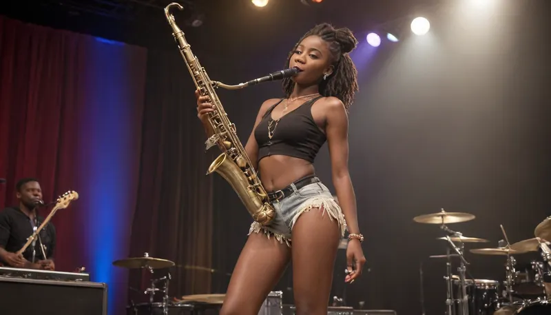 8K, masterpiece, ultra HD, ultra realistic, best quality, full body view, details, high quality, Perfect beautiful tall Nigerian 24yo woman, sensual, erotic, slender. elaborate african hairstyle, playing a bass clarinet in a jazzband on stage. Wearing a african short crop top, mini-micro thin shorts, Dr. Marten high top boots. standing tall with legs apart, waving the clarinet in the air, into a trance like state, into the rhythm, eyes smiling. Full body in frame, view from below, detailed club background.