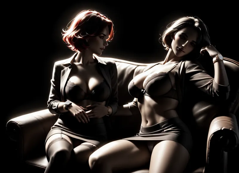 2girls ass_peek bean_bag_chair black_hair blush bra breasts eye_contact grabbing_another's_breast green_eyes groping incest large_breasts lingerie looking_at_another mature_female mother_and_daughter multiple_girls navel on_ground open_clothes open_shirt panties red_hair short_hair simple_background skirt smile socks underwear watch white_background wristwatch yuri, (<lora:dark:1.4>), yamer, style, (<lora:xl_yamer_style-3.0:2>)