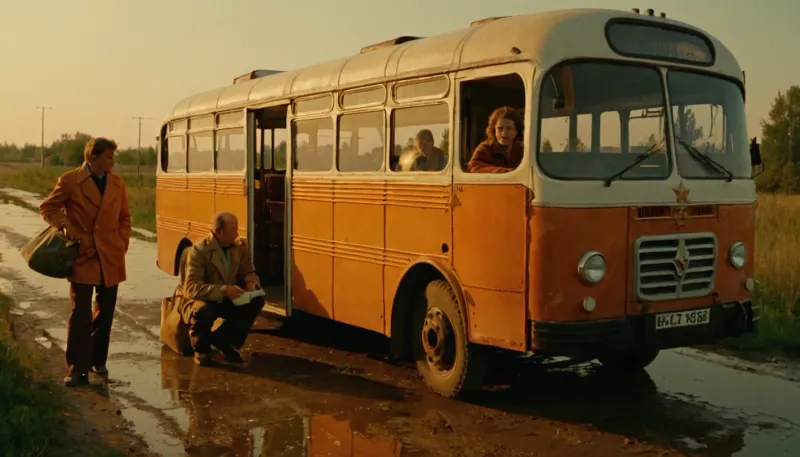 draw the square of a small Soviet Russian village in the 70s, almost deserted. In the center of the square stands a white and blue Kavz 685 hood-mounted bus. The driver is leaning on the fender, calmly smoking a cigarette, he has one foot on the wheel, his elbow is resting on the fender of the bus, things are lying next to the bus, two women are carrying bags of groceries, dishes and various things for moving into the bus, not far from them a man in an orange vest of a railway worker is talking to a man aged, sunny summer It's evening, the sky is blue, it's still light outside, but everything is already flooded with orange evening light. The atmosphere of the 70s, the Soviet atmosphere, in the style of Soviet films of the 70s, Soviet people in clothes