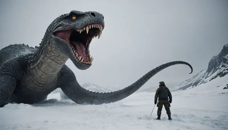 scary gigant monsters like a snake in Atarctica attack human. Dark. Many snow.
