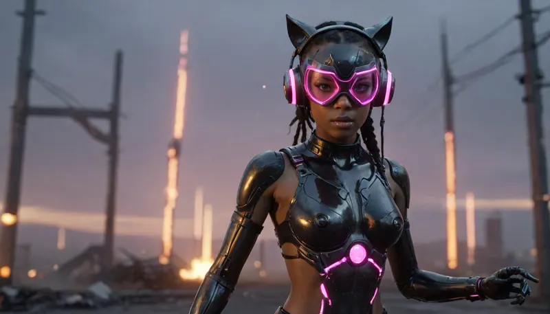 beautiful sexy 24 year old African girl wearing a metal exoskeleton, futuristic technology, pink glow, black girl, ebony girl, model, flat chested, petite body, dystopian, wearing cat ear headphones, tactical gear, wearing a holographic vr headset over her eyes, sunrise in the background, running makeup, face paint under eyes, raining, overcast weather, orange glowing body markings, emo, goth, horror, alien markings all over her body, on a battlefiled, black hair, ponytail, round innocent face, ultra high definition, ruanyi0300, assault, rifle, belt, gloves, goggles, holding, weapon, m4, carbine, mecha, gun, matwaretech, scifi, pixelated, malware, glitch, SentinelsMatrix1024, robot, spider, <lora:SentinelsMatrix1024:.8>