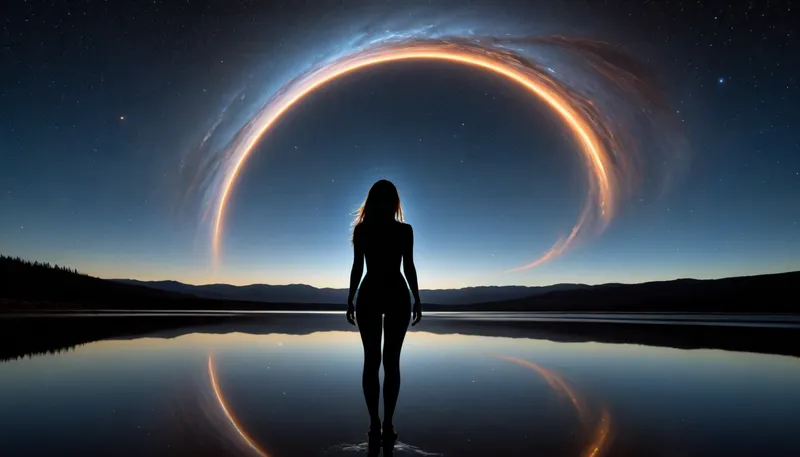 long exposure, a woman above the lake, naked, (long blue bright light trails circles:1.2), light bloom, (double exposure of giant black hole sky in the silhouette:1.6), <lora:221335_training_data:.8>, double, exposure, symmetric, <lora:210432_training_data:.8>