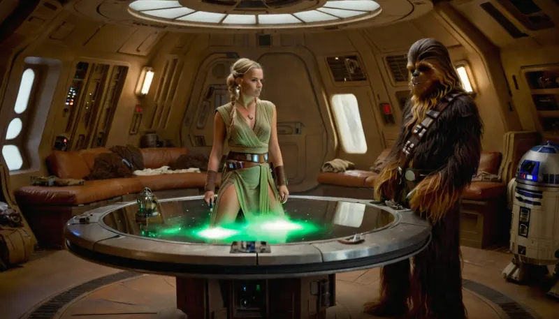 Star Wars Style, full body view of a female Jedi, playing "dejarik" with Chewbacca at messy table, in a messy common room, inside Millennium Falcon, slender, slim waist, blonde matted dreadlocks, flat breasted, tanned skin, lucky charm necklace, beautiful brown leather belt, highly detailed Jedi costume, Jedi toga, perfect face, glass on table, extremely steaming green liquid, R2-D2, dejarik, 8k, high resolution