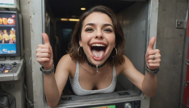 (woman is stuck with her hips in a round hole with metal rim in an arcade machine on a busy street, wearing a mouth spreader), (wide metal box), (her arms are fully stretched out to the sides), (arms restrained in contraption:1.2), (wide angle, full machine in picture:1.1), (bustling street, passersby:1.3), (wide smile, obsessive:1.3), (her arms are fixated in machine, she shows thumbs up:1.5), (score_9, score_8_up, score_7_up, UHD 8K, masterpiece, best quality, maximum details, natural light, extreme realism, cinematic still), (very happy), (her hands are protruding from holes:1.3), (stuck in hole with metal rim), (wide mouth spreader ring gag, gaping mouth:1.5), (leaning forward), (huge penis), (she stares at erect penis in front of her face:1.3), (cum on her face, bukkake:1.3)