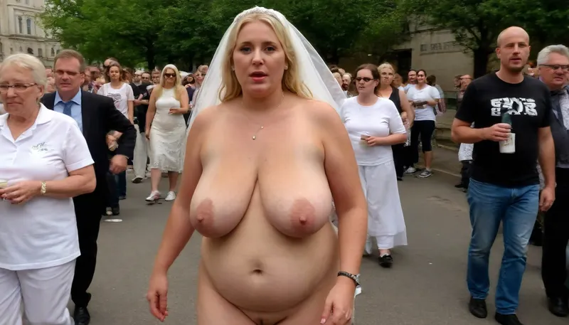 A wedding. Procession. City street. Naked blond obese woman. Well-dressed men in black suits and priests look at the Bride. She is a FAT 58-year-old woman, grandma, (((Full body with head visible))), . She is dressed only with a White veil on her head, White LACE BRA, naked body, no clothes, GLASSES, GRAY hair, collar, leash, ((daylight)), HD, true colors, detailed portrait. No blur, 8k, ultra HD photorealistic full height 8k, <lora:sagging-000015:.3>, plump, skindentation, chubby, bbw, venus, body, big, breasts, ass, <lora:Chubby BBW - XL:1.5>, (holding, with, mouth), <lora:356728_training_data:.8>, stretch, marks, <lora:stretch_marks:.8>
