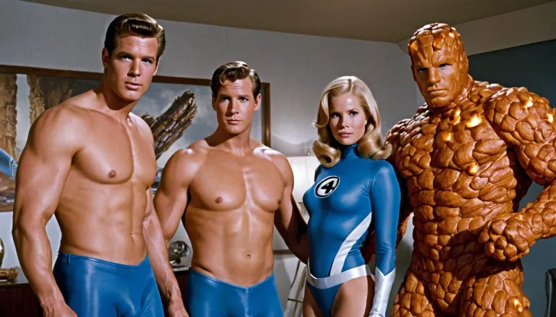 4 people, all 4 of the Fantastic Four together in their retro-futuristic home, 3 men 1 woman, the Invisible Woman Sue Storm is bottomless and fucking Mr Fantastic, naked pussy, pussy showing, fucking reverse cowgirl, she is wearing a blue top with the Fantastic Four logo on it and has large natural boobs and is naked below the waist, she has bushy blonde pubic hair, Mr Fantastic Reed Richard is wearing a Fantastic Four costume with his pants down showing his very long penis, The Thing Ben Grimm is naked and muscular with orange rocky Thing skin and huge penis, The Human Torch Johnny Storm is a naked man on fire and covered in flames, the Fantastic Four orgy, retro 60s futuristic furniture and decor.