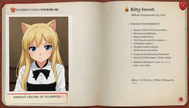 (The image is a screenshot of a webpage), from a anime "Kitty Art, Top Secret". The webpage has a title at the top that reads "Top Secret". Below the title, there is a description of the character Kitty, who is a young woman with long blonde hair and blue eyes. She is wearing a white dress with a black belt and has a serious expression on her face. On the left side of the page, there are two bullet points that explain Kitty's height, weight, and other information about her. The first bullet point states that Kitty is 18. The text below the bullet point explains that Kitty´s is a classified document. A bold red "Top Secret" button. At the bottom of the image, there has a button that says "Classified Documents". There is also the top secret section of the webpage, which provides more information about Kitty. #©KITTYART

























#©KITTYART