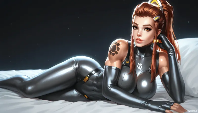 brigitte from Overwatch, solo, a very very very long thick braid, red hair, full lips, thick lips, huge chest circumference, dark olive skin, tight micro Starfleet Officer metallic high-necked long-sleeved high-rise bodysuit, sexy pose on the bed, black background