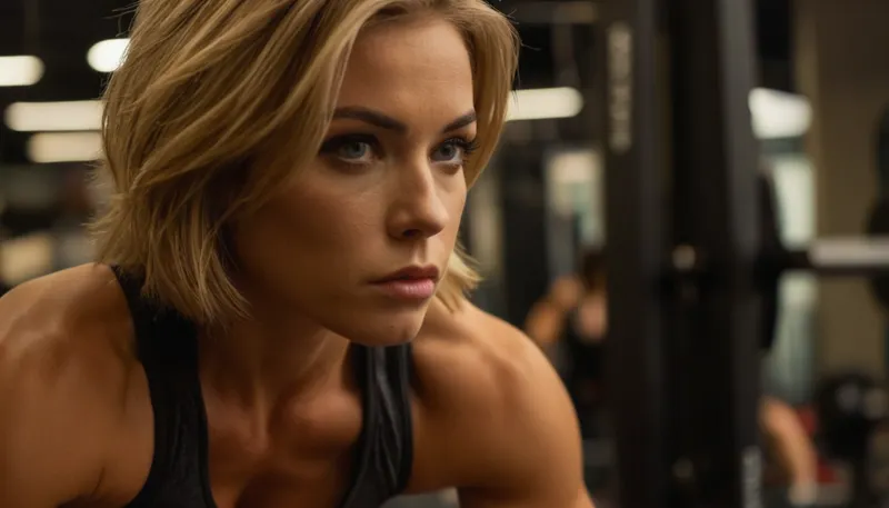 ziprealism, (inspirational action snapshot esthetic, inspirational poster), (athletic woman, bodybuilder, expression of determination and focus, muscular shoulders, working out:1.2), (f/2.8, shallow depth of field, layered composition, medium closeup shot, Dutch Angles, shot in profile, view from side, focus on eyes:1.6), (soft bokeh:.4), (ash-blonde hair, thick voluminous hair, hair cut in textured layers, short cut hair, plunging bob cut, swept-back hairstyle:1.4), (catchlights, limbal rings, large expressive eyes), (strong jawline, angular features, large teardrop breasts), igbaddie, <lora:igbaddie-XL:.4>, <lora:style_lora_realis:.8>