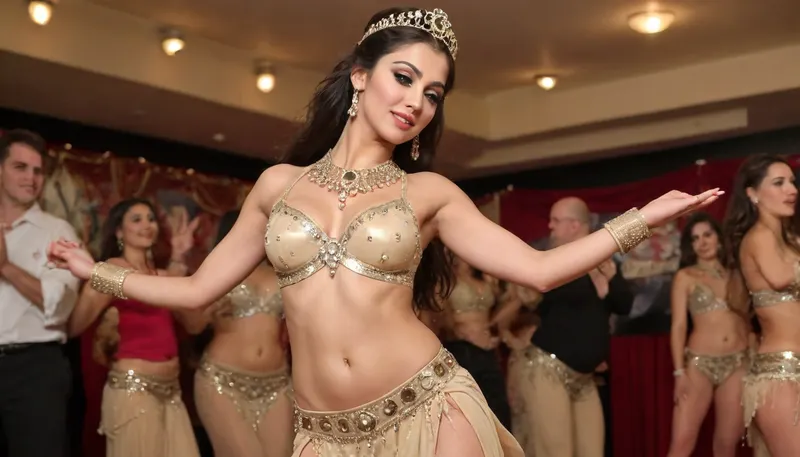 dancing in front of a crowd in a dingy bar, beautiful 28 year old indian woman, high cheek bones, defined cheek bones, beautiful brown eyes, 182 cm tall, creamy brown skin, long eyelashes, round medium tits, big pert nipples, hips, shaved pussy, tight small ass, long black hair done up in detailed bun, thin lips, (wasp waist:1.2), detailed body and face, detailed background, wearing a, ((Beige Crystals Belly dance costume, dance show costume, professional performance belly dance rhinestones costume festival dress:1.4)), one hand on hip, back to camera, looking back at viewer, shape of ass notible through clothing, random angles, many people around