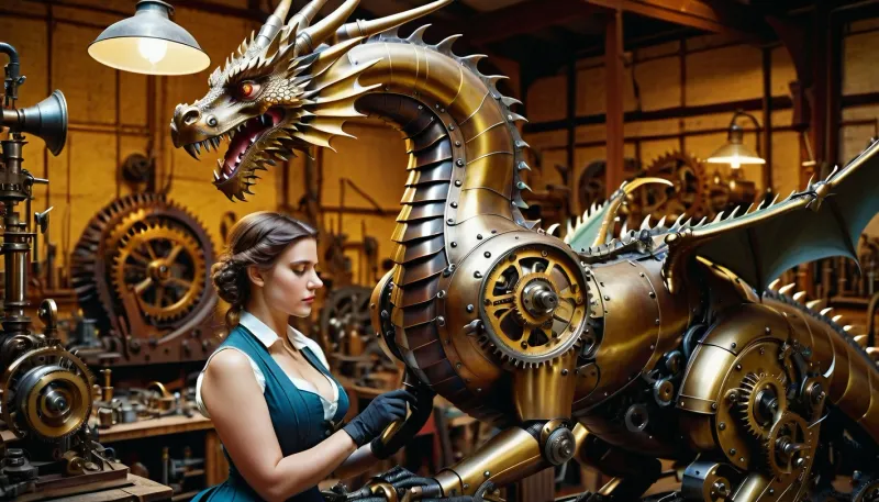 A young beautiful big breast woman in vintage Victorian work clothing, repairing a big mechanical dragon, in a workshop filled with mechanisms, gears and many tools.
Mechanical dragon made of metal and gold, crouched on its paws, in a Victorian workshop. Futuristic art. Bright daylight. Close-up, wide angle shot. Detailed, atmospheric, bright colors, photorealistic.
