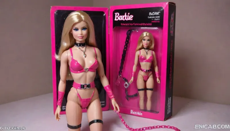 Barbie doll of a bdsm model, unopened packaging, blond hair, middle length hair, bare breasts, included accessories, pink dominatrix outfit, gags, whips, chains, collars, <lora:bdsm_SDXL_1_:.5>, <lora:gonza_v2:.5>