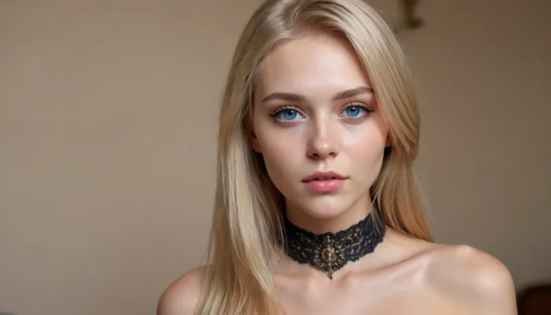 (extremely hot and sexy:1.7), 25yo woman., ((whole naked body in shot)), toned and average-height, fair skin and blue eyes, and, ((very long:1.5), blonde hair:1.5), (in a face-framing haircut:1.5), . wearing a slave collar, style is boho., <lora:detailed_notrigger:1.5>
