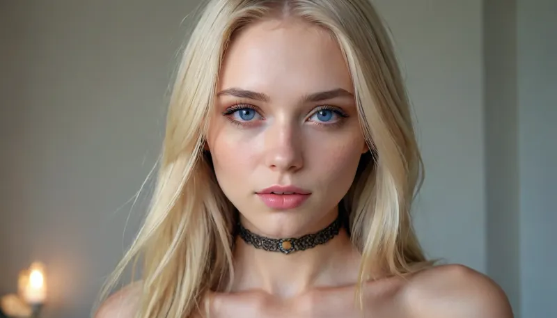 (extremely hot and sexy:1.7), 25yo woman., ((whole naked body in shot)), toned and average-height, fair skin and blue eyes, and, ((very long:1.5), blonde hair:1.5), (in a face-framing haircut:1.5), . wearing a slave collar, style is boho., <lora:detailed_notrigger:1.5>