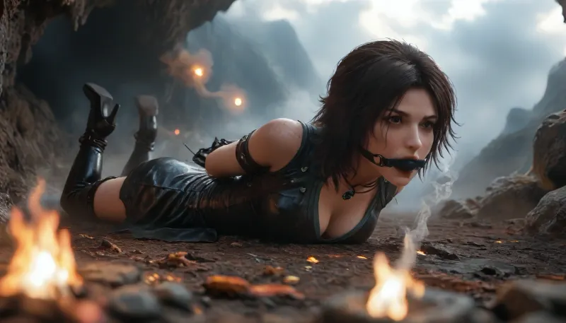 Tomb Raider laying behind a large campfire in front of the cave dwelling, random facial emotions, (highly detailed clothes:1.6), leather miniskirt, leather boots with high heels, beigeb uckskin dress, big brown eyes, (medium natural breasts:1.2), prone with arms restrained behind her back, cleavage, upskirt, ball gagged, (very sweaty), cloudy, smoke, atmospheric, clouds, fog, Black, and, white, art, black, shading, charcoal, darkness, toned, brutal, dark, b/w, color, scheme, <lora:add-detail-xl:2>, <lora:MJ52:1.9>, <lora:Cloudy_Style:2>, <lora:Hell_Constantine_2005_-_Anime:.3>, <lora:Black and white art.V1:2>, top view, side view