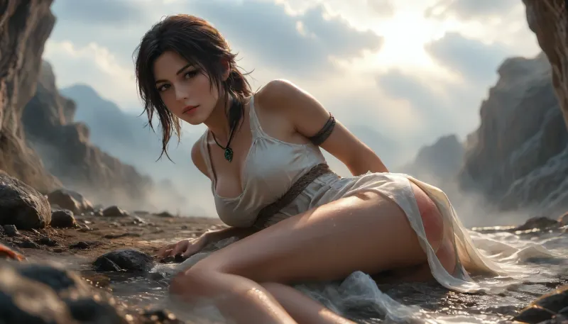 Tomb Raider laying behind a large campfire in front of the cave dwelling, slightly opened legs, random facial emotions, (highly detailed clothes:1.6), sun tanned skin, bikini tan lines, dark makeup, brown eyes, beige buckskin dress, (big natural breasts:1.2), laying on her stomach, arms behind back, rope tied arms, cleavage, upskirt, (shaved pussy:1.2), (very sweaty), spanking marks, red ass cheeks, cloudy, smoke, atmospheric, clouds, fog, Black, and, white, art, black, shading, charcoal, darkness, toned, brutal, dark, b/w, color, scheme, <lora:add-detail-xl:2>, <lora:MJ52:1.9>, <lora:Cloudy_Style:2>, <lora:Hell_Constantine_2005_-_Anime:.3>, <lora:Black and white art.V1:2>, side view, rear view