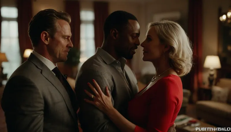 romantic ambient light, (a white-skinned husband hands his sexually aroused hot mature wife to an muscular elegant African man for hot sex), husband shares his wife to please her, Christmas time, husband stands in the background, 50-year-old mature hot thin blonde wife kissing her African lover, happy wife pushes husband softly away, perfect face, perfect hands, elegant living room of a mansion, various emotions, various facial expressions, various perspectives, active movements, 8k, photorealistic, FRESHIDEAS, Real, Photography, 2#, <lora:FRESHIDEAS Real Photography 2#:.5>, <lora:add-detail-xl:.6>, <lora:MJ52:.4>