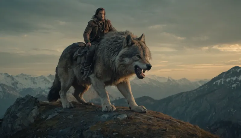 Muskolöser Mann riding on a gigant Wolf, (High quality detailed image), (4K), Full figure, attractive, natural beauty, beautiful face