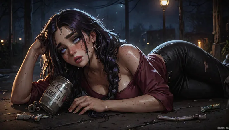 night, Country roadside, Lying, apathetic, Dressed dirty rags, drug addict girl, homeless girl, Voluptuous body, 30 years old girls, no makeup, High quality face, High quality eyes, large tits, milk tits, Sweaty girl, Black hairy, Long braid of hair, Thick eyebrows, Purple eyes, Freckles, Moles, Drug overdose, Lying side of the road, Convulsing, Rolling eyes, detailxl, 4ng3l, face, <lora:dark:2>, <lora:LCM_LoRA_Weights_SDXL:2>, <lora:SDXL_BetterFaces-LoRA_v1:2>