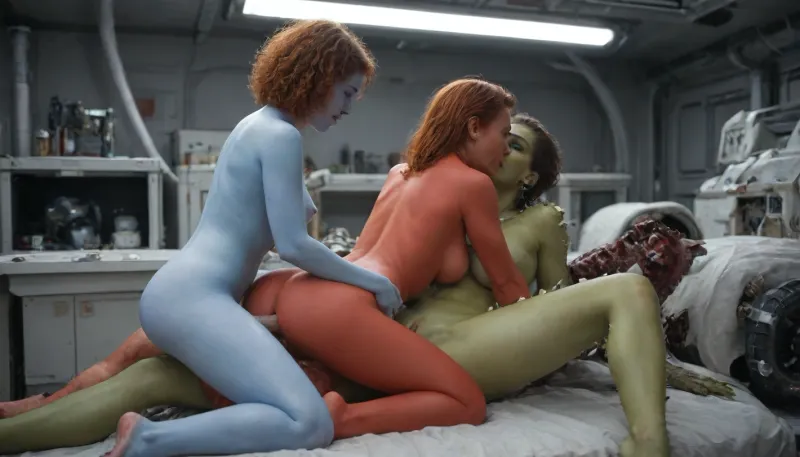 (space workshop), (human girl), (big boobs), redhead, (alien), (tail), Saturn, (spikes:2), (lesbian:2), mutant, (blue skin), (red skin), (green skin), (group anal sex), 2, (deep colors), robot