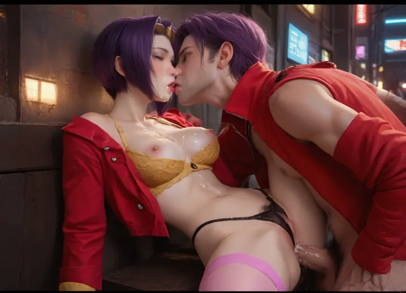masterpiece, best quality, high resolution, hires, score_9, score_8_up, score_7_up, score_6_up, (Faye Valentine:1.4), detailed face, beautiful eyes, overwhelmed expression, yellow silk bra, yellow short shorts unbuttoned, red jacket, pink stockings, black string thong, short purple hair, athletic body, big breasts, bouncing breasts, hard gumdrop nipples, unshaven hairy pussy, big hairy bush, athletic ass, sitting with her legs straight up, buff man out of view, (anal penetration:1.4), (Penis balls deep), missionary, kissing, cum on face, cum on breasts, in a cyberpunk city, in a alleyway, close up, side view, ratatatat74, incase style, anime fantasy, fv4lent, yellow_outfit_pink_thighighs, red, jacket, Neonlight, <lora:287175_training_data:1.4>, <lora:ratatatat74-000050:1.4>, <lora:faye-anime:1.4>, <lora:cbcity2:1.4>