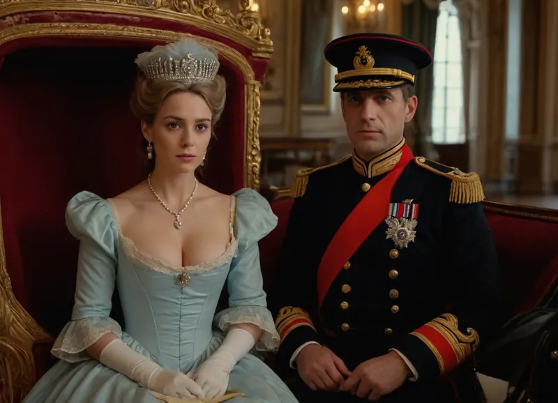 (hyperréaliste), superbe marquise de 50 ans du 16ème siècle en France, awith her lover dressed as an officer, cleavage, detailed face, detailed eyes, full body view, in a royal carriage