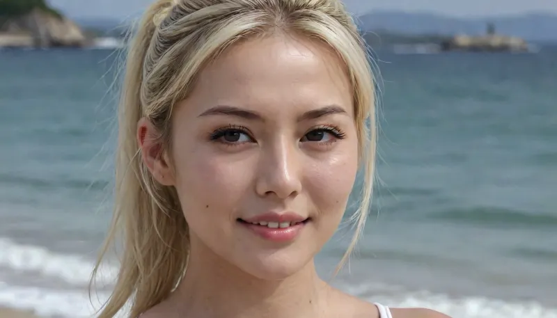 korean milf, 40 years old, seductive smile, naked, korean eyes, bleach blonde, realistic face, Sporty ponytail hair style, beach background, 4ng3l, face, perfecteyes, <lora:SDXL_BetterFaces-LoRA_v1:.8>, <lora:lora-sdxl-perfect-eyes:.8>