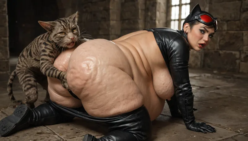 ((horny ugly goblins groping, grabbing and squeezing the obese fat ssbbw Catwoman in different position, meaty breasts, hyper size ass, wide hips, big belly with folds of fat)), obese, (slight cellulite:1.3), . horny and blusing, perfect chubby double chin shocked face, perfect eyes, focused eyes, perfect fingers, masterpiece, best quality, ultra realistic, high definition, sharp focus, high budget, cinemascope, moody, epic, gorgeous, film grain, grainy, score_9, score_8_up, score_7_up, catwoman in a tight suit, panties pulling down. evil goblins groping the fat ssbbw cat woman at night in a museum, dressed as a catwoman, ass and tits covered, seductive pose, erect nipples, thick thighs, Goblin, Mage, Warrior, Shaman, Assassin, fighter, monster, creature, cat woman gets her fat sagging belly hard grabbed and squeezed by angry, evil goblins !!, <lora:655889_training_data:.8>, side view, fat ass deep fingering by goblins