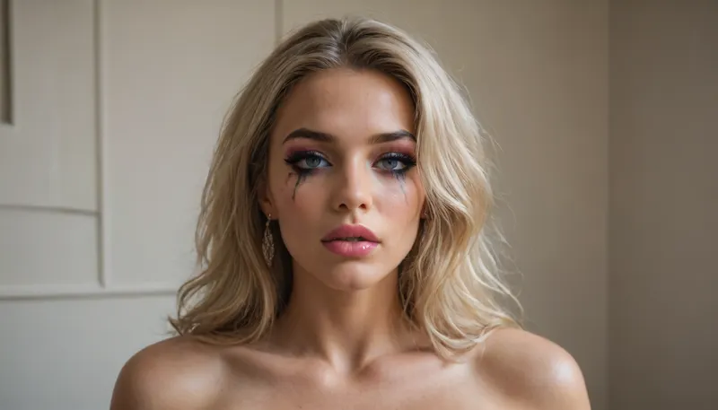 1 woman, (heavy makeup:1.3), nude, bimbolips, <lora:age_slider-LECO-v1:-2>, <lora:weight_slider_v2:-1>, <lora:xinxiaomong:.5>, <lora:BimbolipsV4-000003:.2>, <lora:twisted_torso_v0.1:.5>