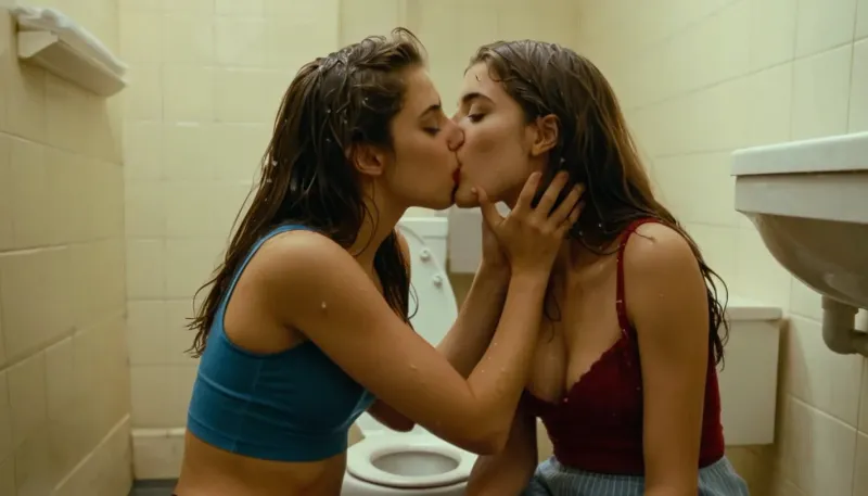 two brunette 21 year old italian sluts, (each looking different), sitting on a toilet, in a school bathroom, (((passionately kissing))), groping, sweaty skin, greasy skin, ((wet hair)), (lots of spit dripping from chin:1.1)