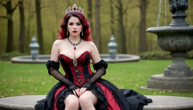 beautiful sexy curvy lady posing, red eyes, cute face, standing, ((nipples half visible)), black-silver tiara with red diamonds, ((baroque black dress)), gothic style, cameltoe, dark red accents, large baroque fountain, green forest floor, sitting on a baroqe park bench in front of the fountain, red diamond necklace, full view, big boobs, great big tits, big breast, bare legs, ((good hands)), perfect fingers, posing in a forest clearing in spring, puppysuit, <lora:PuppySuit_XL:.5>