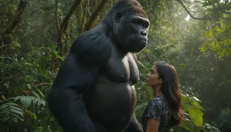 In the heart of a dense jungle, a formidable black gorilla have sex wich pretti young asian woman, its muscular form accentuated by the dappled sunlight filtering through the canopy. The gorilla's piercing red eyes glow with an intense, eerie light, and its long, flowing hair adds to its fearsome appearance. The surrounding jungle is lush and vibrant, with towering trees and thick vines, creating an atmosphere of mystery and suspense., standing, sex, <lora:TTF_5:.5>, <lora:PE_Harambe:.5>, <lora:Gorilla_XL:.5>