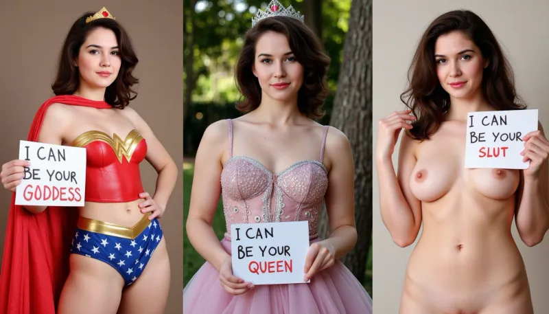 (side-by-side three pictures of a French petite woman with curly brown hair, standing, serious expression on her face), (On the first picture on the left she wears a wonder woman costume with a tiara, and holds a handmade sign with text "I CAN BE YOUR GODDESS"), (On the second picture in the middle she wears an elegant queen dress with a big crown, and holds a handmade sign with text "I CAN BE YOUR QUEEN"), (On the third picture on the right, she is naked, nude, and holds a handmade sign with text "I CAN BE YOUR SLUT")