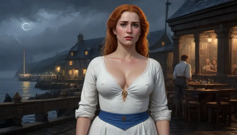 (one woman, Mirabelle Monet from Oblivion, french, 40 year old, ginger hair, small breasts, chubby), (outside medieval small seaside inn by the docks, dark rainy evening), (wearing white-blue cleavage dress with brown bodice on top), (hands on hips), (artwork, digital painting, concept art, by syd mead, flat colors), <lora:concept_art_syd_mead:1.5>, <lora:Chubby BBW - XL:.5>