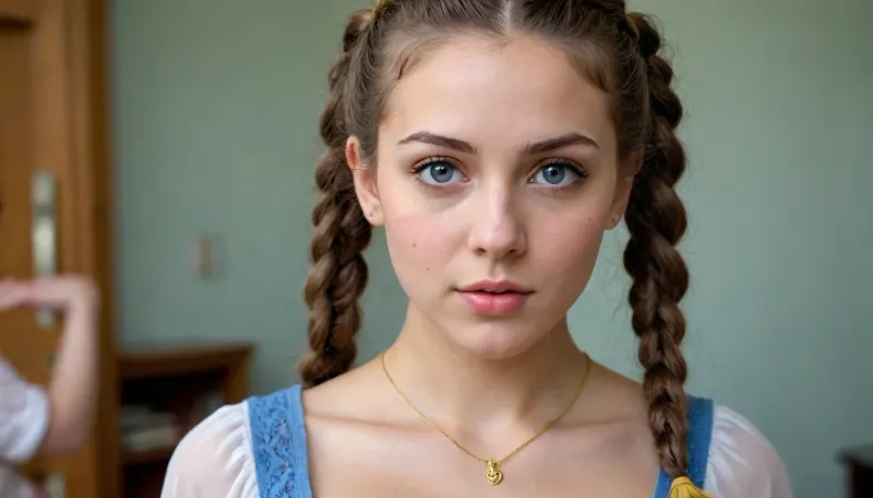 ¾ shot, A curly haired girl looking to the camera stands exposed in the front, first person view, with 2 girls on each side also looking to the camera, all girls looking seductively at viewer, they are all close to each other. Two girls are on each side of the first person. c cup breasts, all 19 year old, beautiful faces, very detailed faces, ultra-detailed, high resolution eyes, high quality eyes, high quality mouth, innocent, submissive, naturalistic, masterpiece, highres, photorealistic, submissive look, long brunette plaited pigtails, in tight thin see-through blouse with very low neckline exposing enormously big breasts, white, yellow, blue, golden necklace, school room