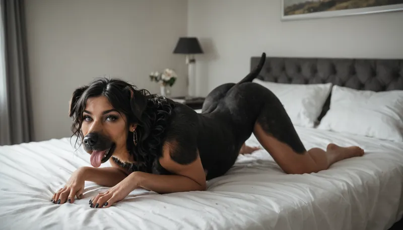 score_9_up, insanely hot sexy girl, perfect face, huge black dog fucks her doggystyle, bestiality, in a modern bedroom, front view, intricate details, cinematic masterpiece