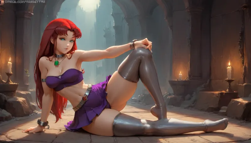 ohxw, star12, red hair, long hair, green eyes, purple outfit, full body, blushing, 4k, highly detailed, metal trimmed, clothing, short top, (metallic gorget:1.1), emerald set in gorget, bare shoulders, short skirt, straight skirt, bicep cuffs, broad cuffs, (big cuffs:1.1), emerald gem, metallic belt, (wide smile), lighting, outside, sharp, (masterpiece, best quality, ultra-detailed), (cutesexyrobutts art style:1.21), (middle splits:1.1), sitting, leaning forward, seductive look, (dynamic pose:1.2), photo of starfire from titans, (ambient light), warm light, warm color scheme, dynamic lighting, dark room, candlelight, (big lips:1.1), (flat woman chest:.35), wide hips, thick thighs, huge ass, (arched back:1.1), (purple eye shadow:1.1), black eye liner, thin waist, big eyes, soles of feet visible, midriff, thighhighs, (view from behind:1.1), <lora:1star-000004:1.1>, <lora:cutesexyrobutts style:1.5>, <lora:mkdrgs:1.1>, <lora:bottomheavy_v1_sdxl_tags:.3>