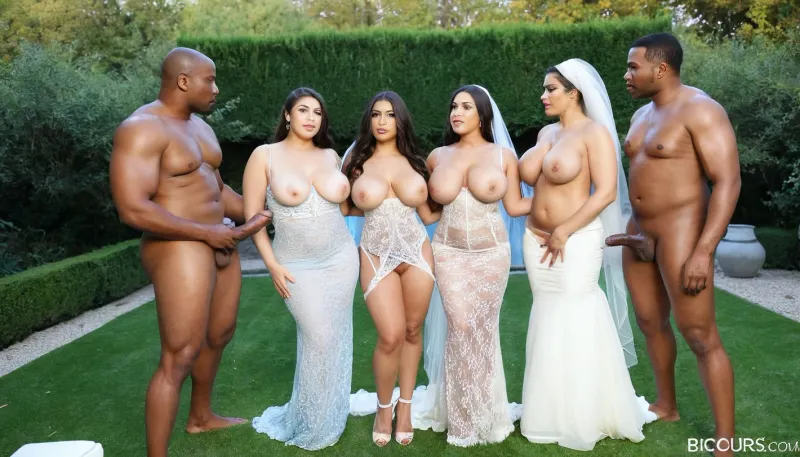 BBC, big black cocks, Full body shot of 5 black men, naked, they have Big black cock, very big, with big black cocks with prominent veins, big thick black cocks, standing in front of them is a beautiful curvy Iranian woman in a wedding dress made entirely of thin lace. in topical garden, daytime, blue hour time, Wind blowing through the bride's hair.