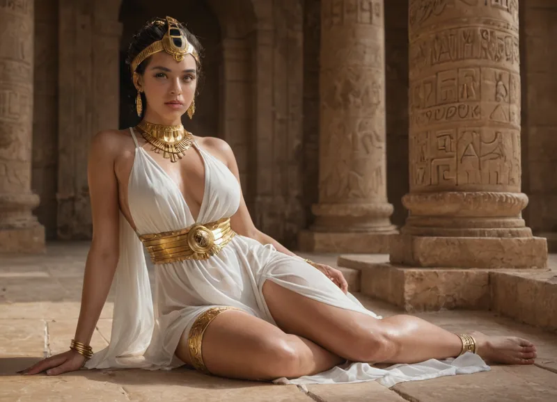 A stunning woman dressed in an ancient Egyptian-inspired outfit sits gracefully in front of a grand temple adorned with intricately carved hieroglyphic columns. She wears a revealing, flowing white dress made of delicate, slightly transparent fabric that drapes over her curvaceous body, accentuating her ample chest. The deep-cut design exposes much of her décolletage, while the high slits reveal her toned legs. Her sleek, jet-black bob hairstyle is adorned with a golden cobra headpiece, symbolizing royalty and power. A majestic blue and gold collar necklace rests on her shoulders, complemented by matching golden bracelets and thigh bands. Her gaze is alluring and confident, with a subtle, seductive expression. The warm sunlight casts a golden glow on her smooth skin, enhancing the rich textures of her outfit and the detailed carvings of the ancient setting. Ultra-detailed, highly realistic, cinematic lighting.