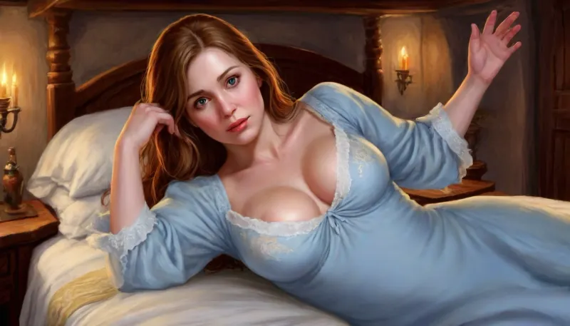 (one woman, Mirabelle Monet, french, mature 40 year old, ginger/brown hair, small breasts, slightly chubby body and face), (revealing sky blue nightgown, pulled down exposing breasts), (inside medieval inn, laying sideways on a bed, leaning head on arm, hand behind head), (other hand covering breasts), perfect eyes, five fingers, (artwork, digital painting, concept art, flat colors, loading screen art style), <lora:LegendDarkFantasy-000001:.8>, <lora:shirtpull_SDXL:.2>