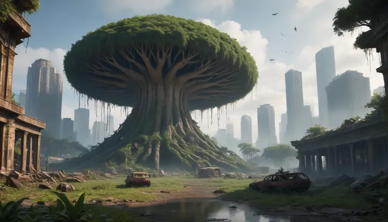Symbiosis of apocalypse and rebirth: a bird's eye view of a post-apocalyptic metropolis