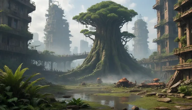 ** Bird's eye view of a post-apocalyptic metropolis, ** Vast jungles of concrete and steel are swallowed up by nature, skyscrapers with * * collapsed facades* * and **rusted beams* * have turned into vertical gardens where * * giant ferns* * and * * creepers * * entangle * * cracks in the walls**, and * * waterfalls of moss * * flow down through the **mangled elevators**. The roofs are hidden under a dense jungle canopy of oaks, palm trees, and glowing mushrooms, whose roots tear the freeways into crumbling slabs dotted with rusty car hulks and leaning streetlights. ** Collapsing bridges * * hang over * * overgrown canals**, where * * brown bears* * drink from * * swamps with water lilies**, and * * herds of antelopes * * roam among * * destroyed billboards* * with * * peeling paint**. In the sky, **swift peregrine falcons * * hunt * * flocks of crows * * circling over * * the remains of stadiums** where * * wild vineyards** have swallowed * * the stands**. ** The setting sun * * breaks through * * toxic yellow smog**, painting** the hazy haze **in * * neon green* * and * * blood orange * * shades, and * * bioluminescent algae * * shimmer in * * underground rivers* * of former subways. **8K detail * * highlights * * cracks in the asphalt**, **peeling paint* * on * * abandoned tanks**, **bird feathers scattered* * on * * alleys**, **dew drops** on **cobwebs* * between * * antennas** skyscrapers, * * rusty rivets* * on * * bridges* * and * * cactus needles * * piercing * * paving slabs**. ** HDR lighting * * enhances the contrast between * * warm highlights* * on * * cheetah skin* * and * * cold shadows* * in * * dungeon pits**, and * * raytracing * * creates * * a three-dimensional fog** that envelops * * helicopter remains* * on * * * runways**. **Focus* * on * * a giant baobab tree * * sprouting through * * the planetarium dome**, its * * snake roots* * entwining * * abandoned telescopes**, and * * the background * * dissolves into * * fog with ash particles**, where * * the silhouettes of cranes** and * * cranes * * resemble * * the skeletons of prehistoric lizards**. ** Lossless PNG format * * saves * * ultra-details**, from * * python scales* * on * * monument debris* * to * * ice crystals* * on * * icy arches* * in** permafrost * * underground storage facilities. Nature didn't just **win** — it **rewrote the DNA of the megalopolis**, turning it into a **symbiosis of apocalypse and rebirth**.