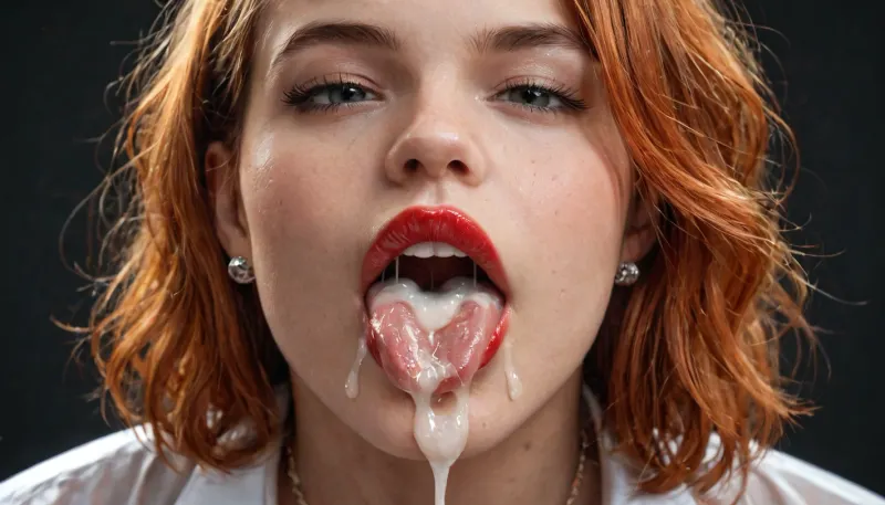 (Macro photo), (extreme close up:1.2), front view, Photorealistic, high resolution, professional photography, close-up of lips, zoom in on lips, red lipstick, excessive cum on tongue, short smooth ginger bobcut hair, cum dripping from chin, tongue sticking out, black background.