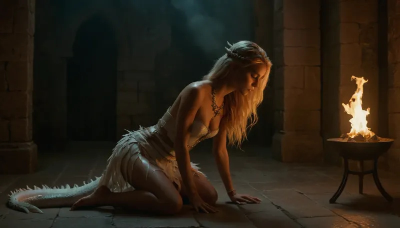La rune de guérison : conte de magies orientales et de dragons blessés

- Oui.

Dans les salles peu éclairées d'un ancien château oriental, une jeune fille sorciere, vêtue d'une robe mystique et ornée de runes éclatantes, s'agenouille tendrement par un dragon blessé. Son baiser délicat sur le front du dragon libère une douce aura magique verte qui guérit ses écailles battues. La fille porte une armure unique ornée de plumes et de symboles chatoyants, son cercle rune complétant la scène de la guérison mystique. A ses côtés, une épée, symbole de force et de résilience, attend pour quand la bête sera assez bien pour affronter un autre jour.
