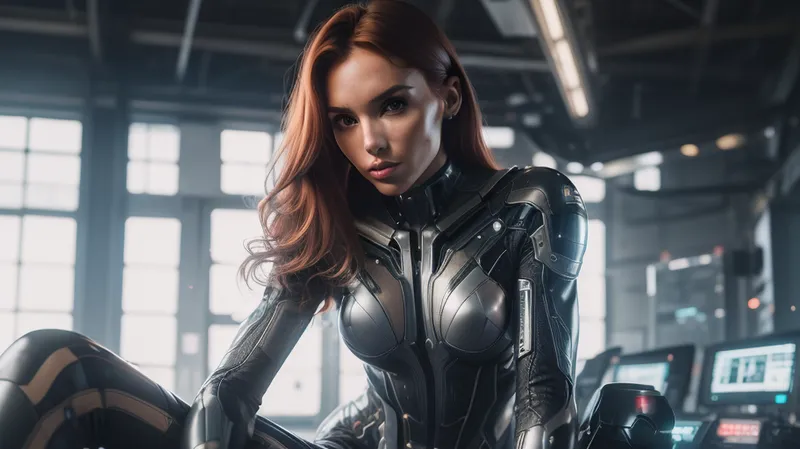 High-quality RAW image, Fujifilm XT3 inspired.
Photo of a beautiful sexy slender 21 year old redhead woman, skinny, tall, tanned skin, with medium perky breasts. Beautiful face, detailed face, photorealistic face. Wearing a tight space suit. Sitting at a console a futuristic spaceship with sleek metallic surfaces, glowing control panels with various buttons, large transparent windows providing stunning views of distant stars and galaxies.

Captured with a Fujifilm XT3. In warm ambient lighting, emphasizing dramatic shadows and nostalgic undertones, epiCNegative, GlitchFashion, <lora:GlitchFashion:.4>