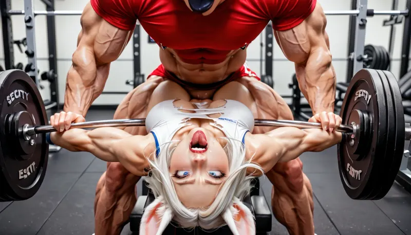 fucking Rumi Usagiyama in gym, fitness influencer, athleisure, ripped clothes, huge muscles, weightlifting machines, vaginal sex, security camera, view from side, view from above, view from security camera, tongue, out, ahegao, drool, <lora:ahegao_mr_chrisma:.5>