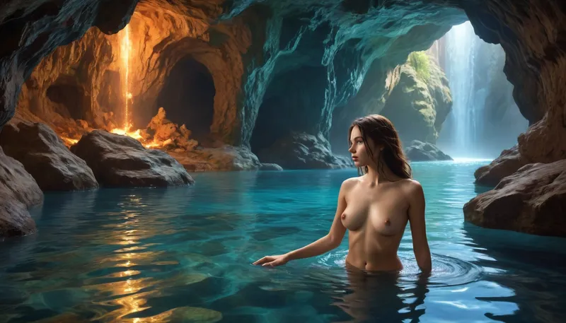 Gorgeous cave. Giant and intricate details. Glistening glowing pools of magical water. Bioluminescent crystals clinging to the cave walls. Garmash. Wlop. Guweiz. Oil paint strokes. Surreal. Outlines. Vivid and surreal crystals and magical water. Nude 18 years pretty girl in very long brunette hair swimming, Photorealistic.