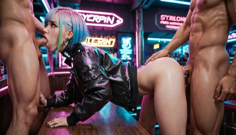 lucy \, (cyberpunk\), open jacket, neon in a bar kissing another girl, they are fucked by a bunch of men, double penetration, in the bar, neon light, good quality, dynamic light ahegao, drool, lucy, <lora:lucy_offset:.5>