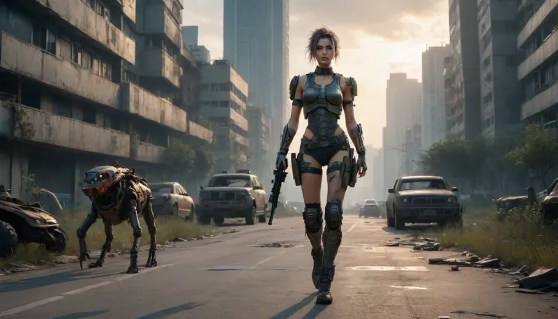 photorealistic image, 8K quality, a post-apocalyptic world, sunset an abandoned city, half-destroyed skyscrapers very overgrown with vegetation, rusted carcasses cars, mutated animals roam the streets, a punk-girl in provocative sexy clothes walks along the road, next to her is a combat robot, (HK series), with a machine gun in his hands, very whole body in the frame, front view
