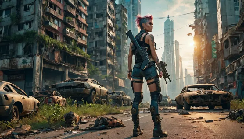 photorealistic image, 8K quality, a post-apocalyptic world, sunset an abandoned city, half-destroyed skyscrapers very overgrown with vegetation, rusted carcasses cars, mutated animals roam the streets, a punk-girl in provocative sexy clothes walks along the road, next to her is a combat robot, (HK series), with a machine gun in his hands, very whole body in the frame, front view